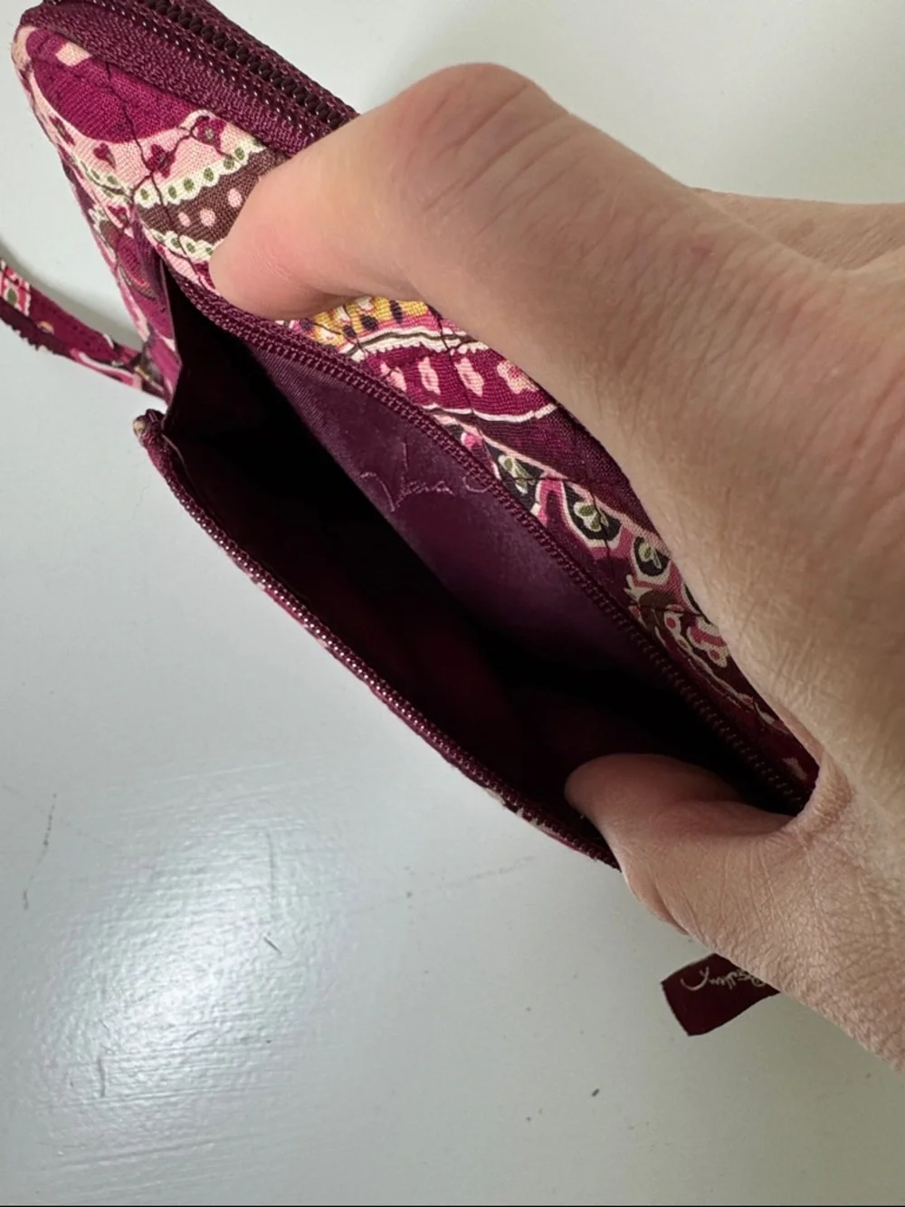 Vera Bradley burgundy and pink paisley fabric wallet with wrist strap. - Picture 4 of 8